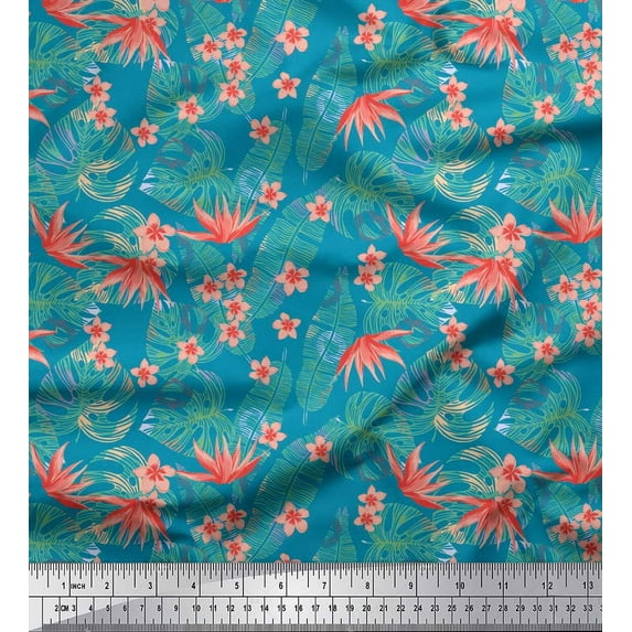 Soimoi Cotton Cambric Fabric Tropical Leaves,Plumeria & Heliconia Floral Printed Fabric 1 Yard 42 Inch Wide