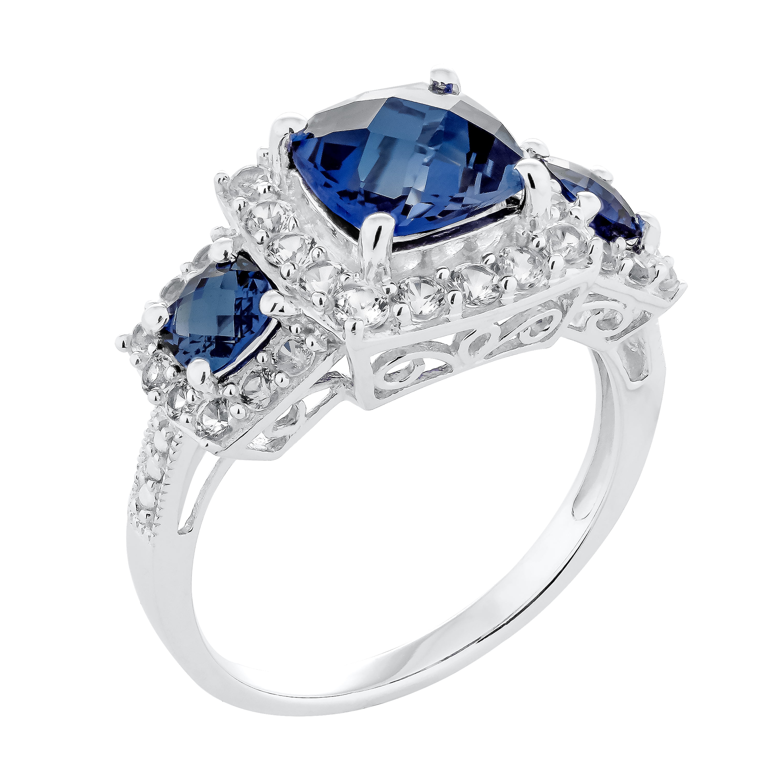 Brilliance Fine Jewelry 925 Sterling Silver Cushion Cut Lab Created Blue and Created White Sapphire Ring