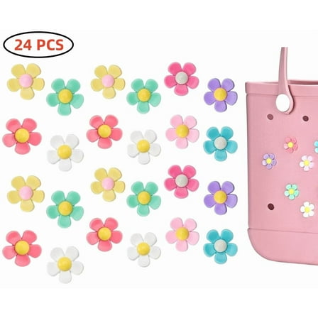 24 Pcs Charms for Bogg Bag, Flowers, Compatible with Simply Southern Beach Bag Tote, Insert for Rubber Beach Tote Accessories