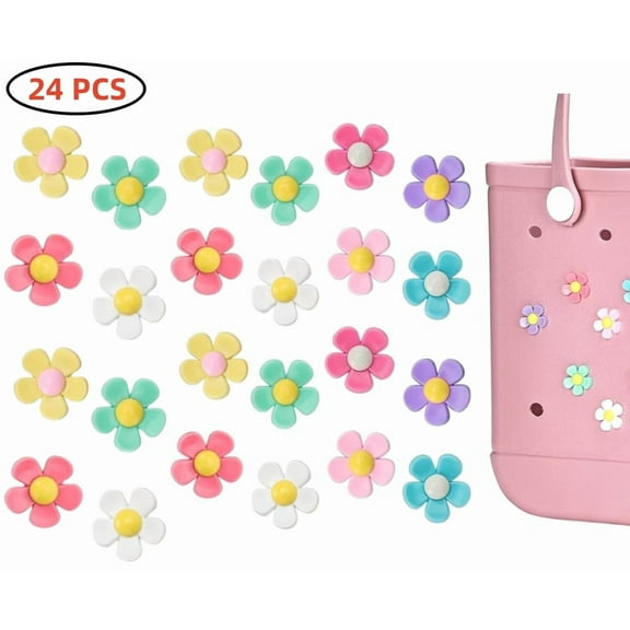 24 Pcs Charms for Bogg Bag, Flowers, Compatible with Simply Southern Beach Bag Tote, Insert for Rubber Beach Tote Accessories