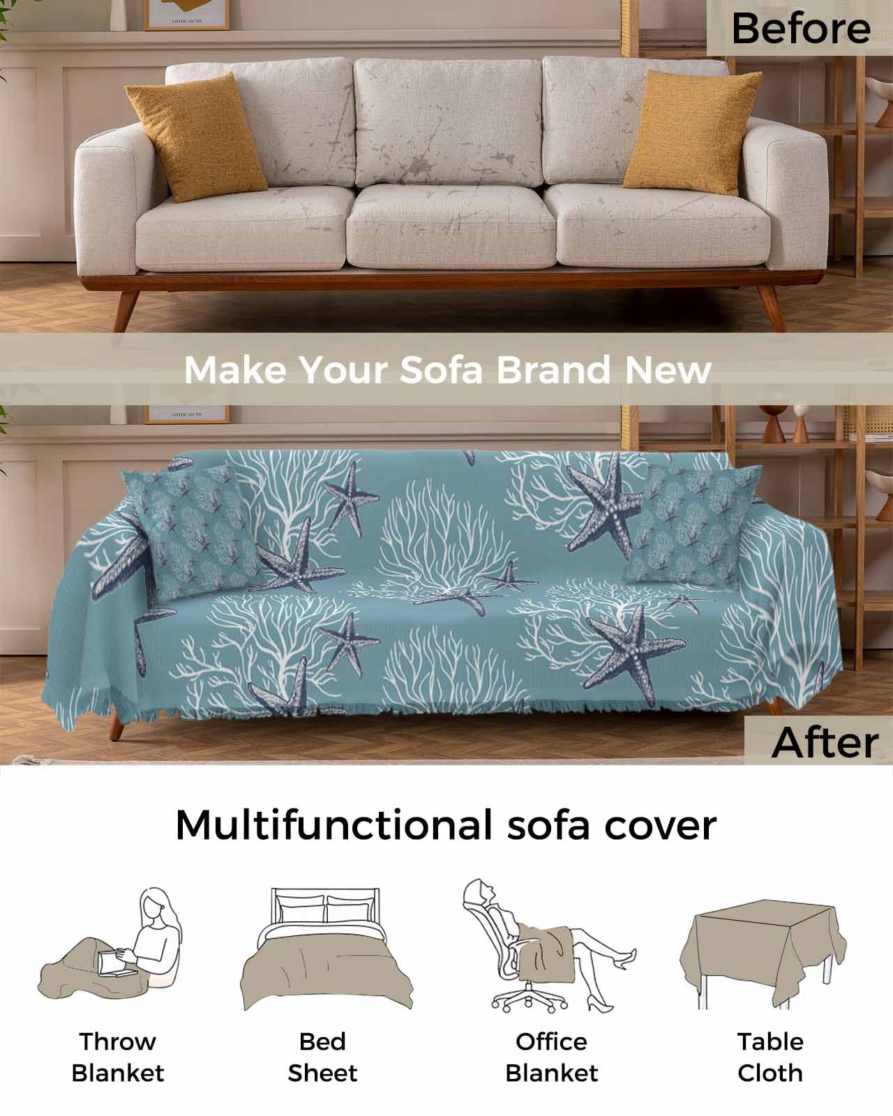Blue Starfish Sofa Covers for 3 Cushion,Washable Couch Cover for Sectional Sofa Slipcoverwith Tassel,Coastal Coral Summer Beach Sea Nautical Loveseat Covers Futon Cover Throw Blanket 71''x118''