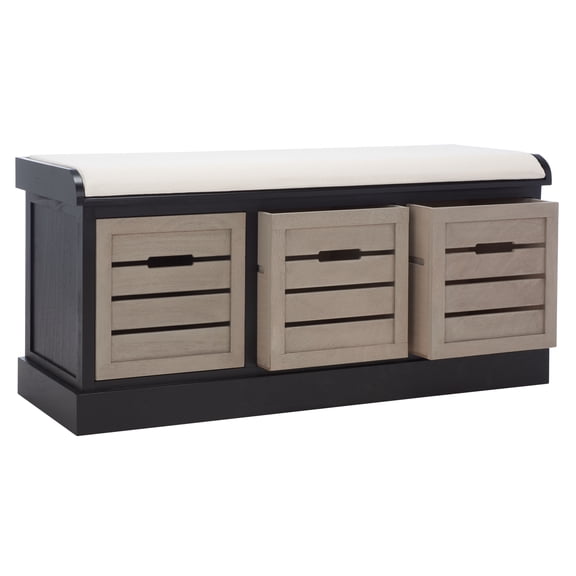 SAFAVIEH Briar 3 Drawer Cushion Bench, Black Frame/Greige Drawers (42 in. W x 15 in. D x 19.8 in. H)