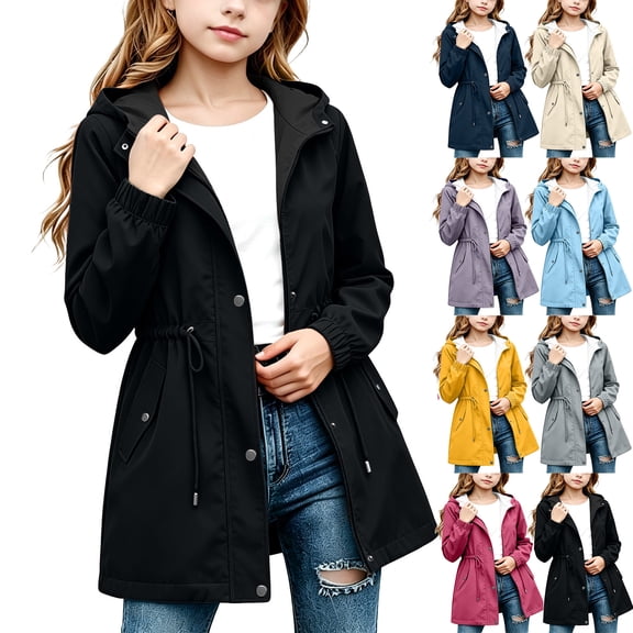 Kids Hooded Rain Coat Full Zip Adjustable Waist Windproof Waterproof Mid-Length Outerwear for Boys Girls School Outdoor Activities Black 7 Years