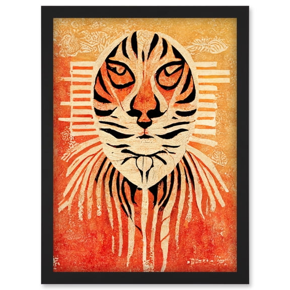 Modern Abstract Painting Quirky Tiger Warm Orange Artwork Framed Wall Art Print A4