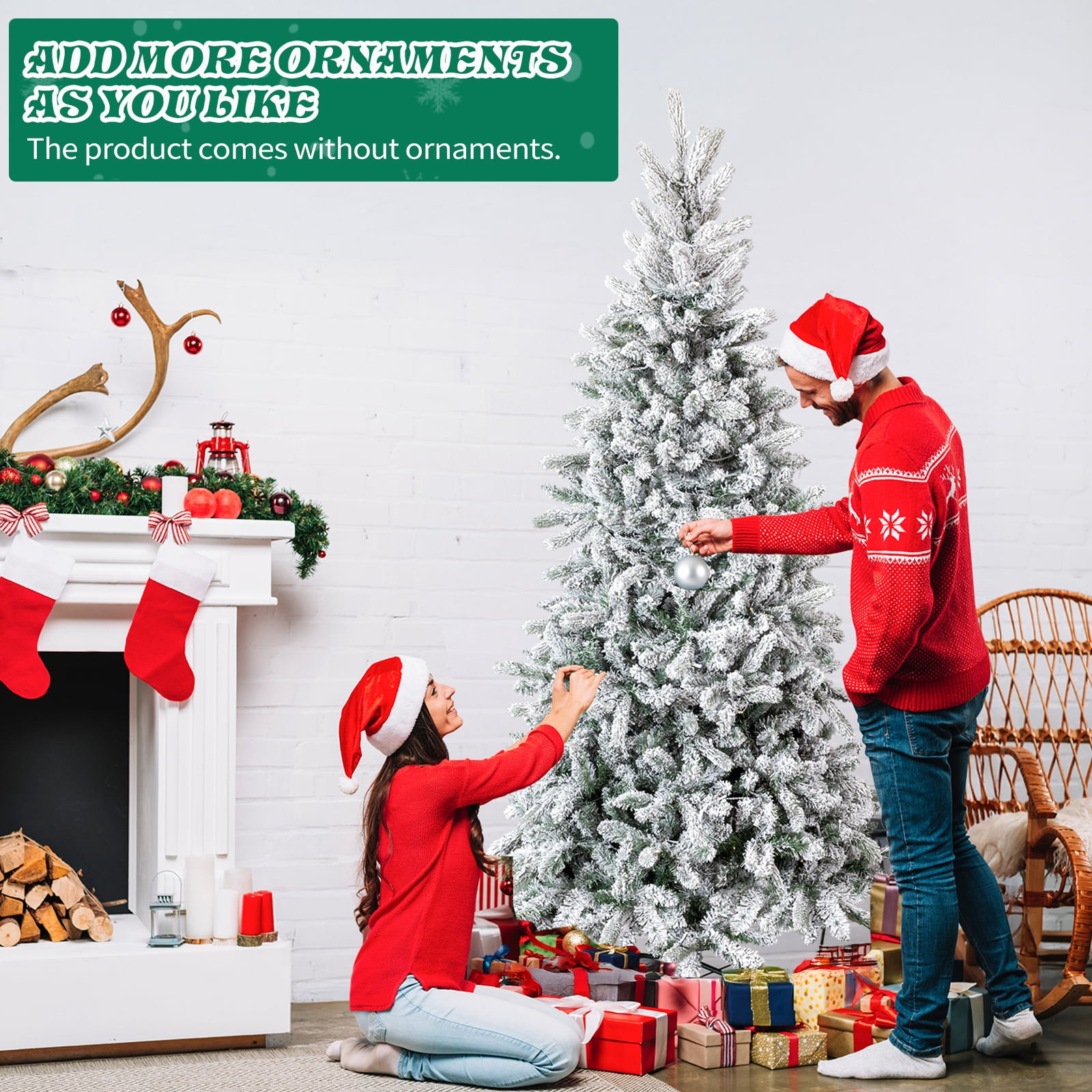 Astoutdoor 7 ft Snow Flocked Pre-Lit Artificial Pencil Christmas Tree with 1100 Branch Tips and 400 Lights, Snowy Green