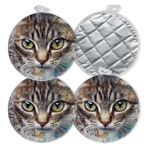 4 PCS Pot Holders for Kitchen,Potholders Sets with Hook for Oven,Cooking,Baking,Watercolor Cat With Intense Green Eyes