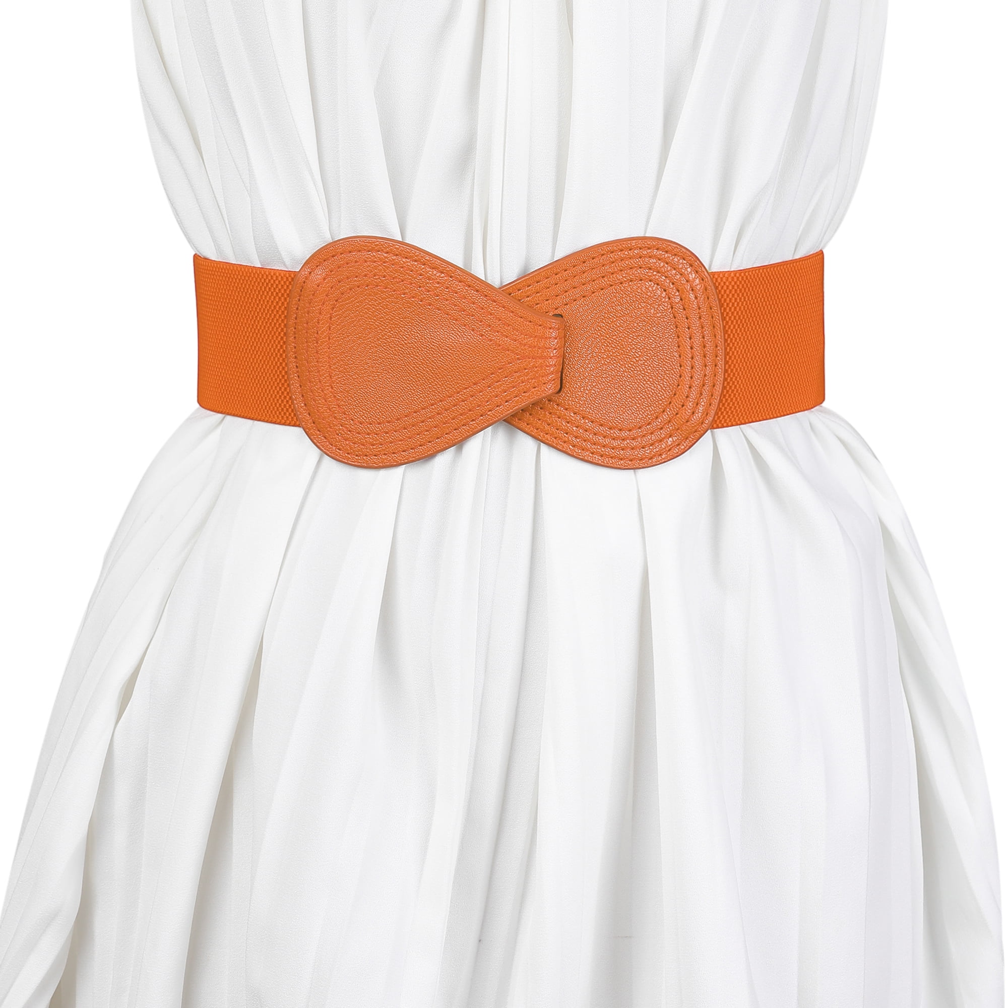 DARING DIVA Women's Interlock Faux Leather Elastic Buckle Belt 31"x43" Orange