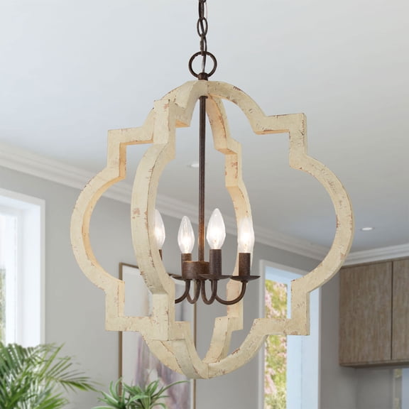LNC Chandeliers for Dining Room 4-Bulb Antique White Wood Chandelier