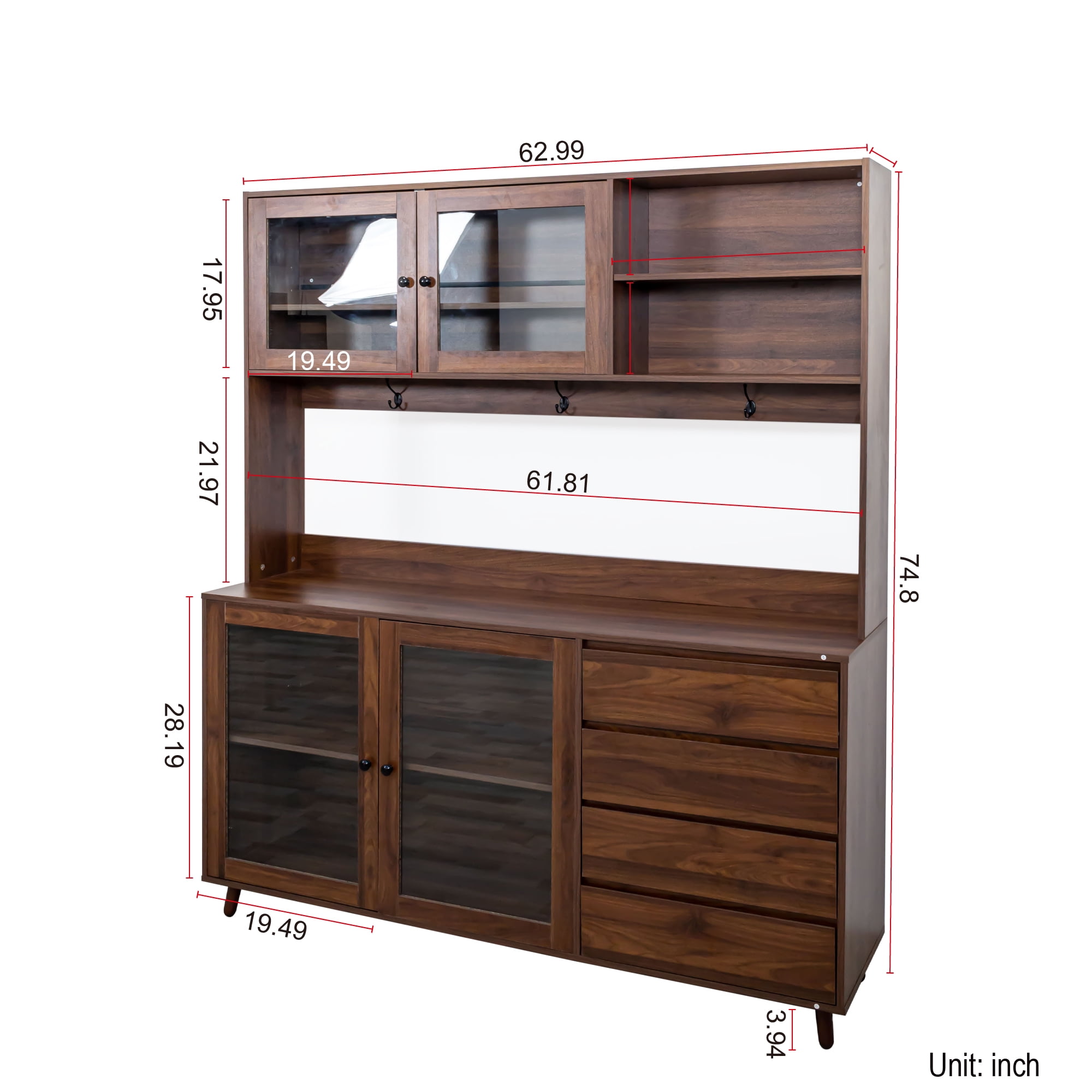 Aukfa Large Kitchen Hutch Cabinet, Pantry Cabinets w/ 4 Doors & Microwave Shelf, Walnut