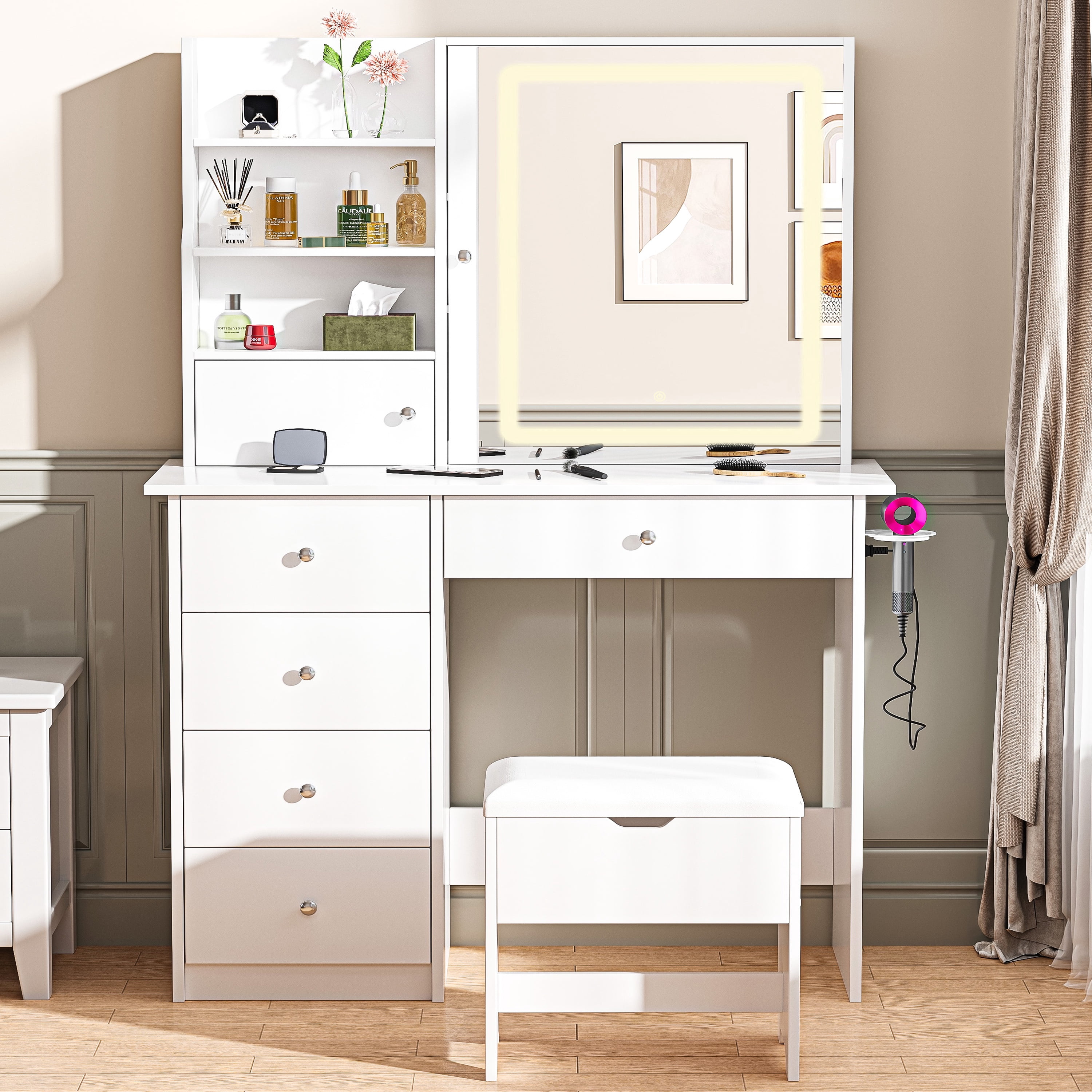 Vanity Desk Set with Mirror and Lights, LEGAHOME White Makeup Vanity Set with Charging Station, Lighted Dressing Table for Girls Ladies, 3 Color Modes & Hidden Storage Space, White