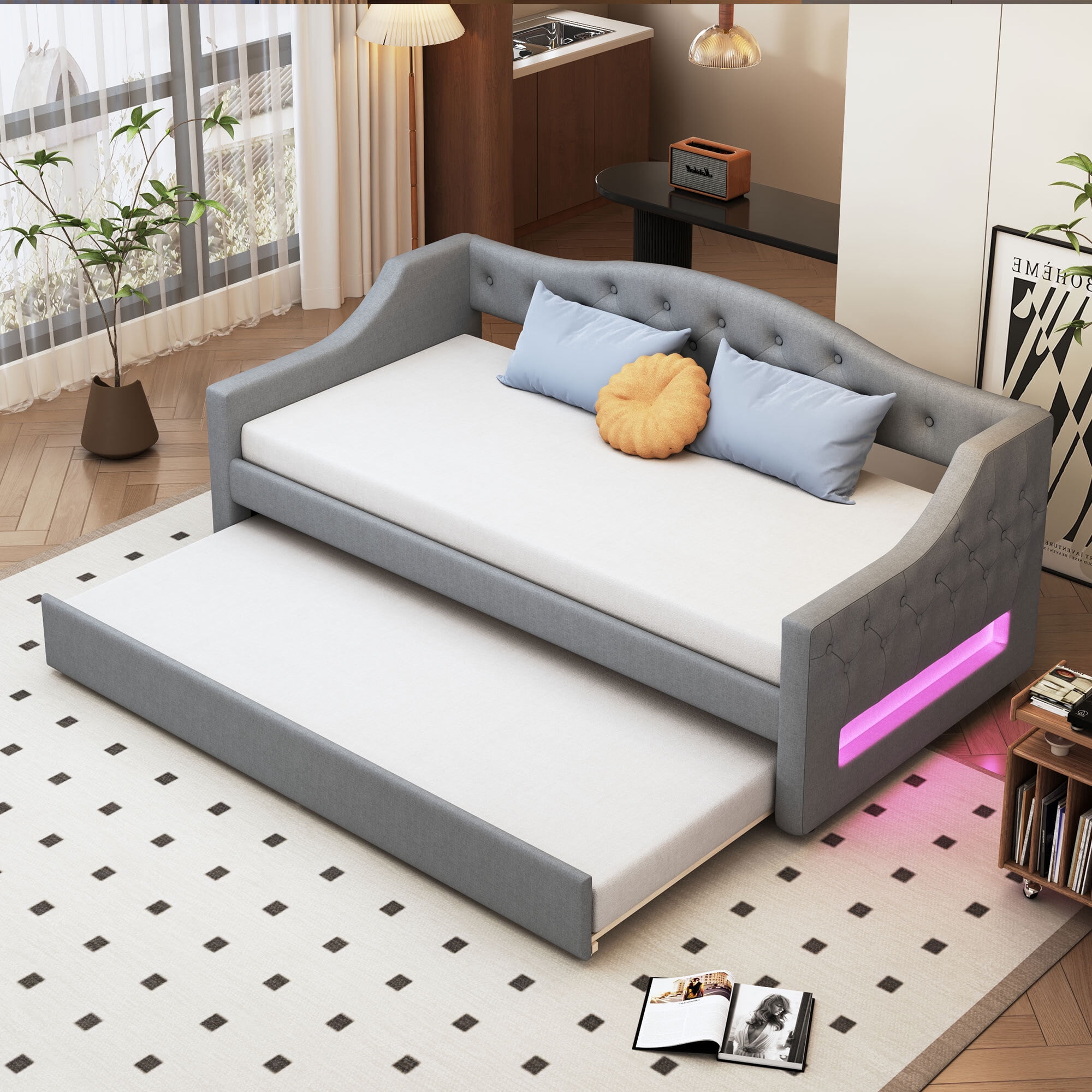 Euroco Upholstery Twin XL Daybed with Trundle and LED Light, Gray