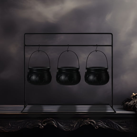 Halloween Mini Cauldron Display Stand with 3 Hanging Bowls for Home Party Tabletop Decor, 9.8x8.3in