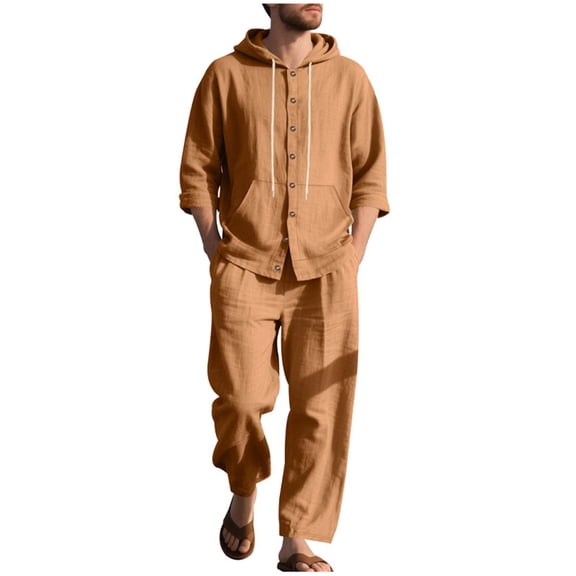 Mens Sweat Suits 2 Piece Set Long Sleeve Button Down Hoodies and Long Pants Elastic Waist for Workout Sportswear, L