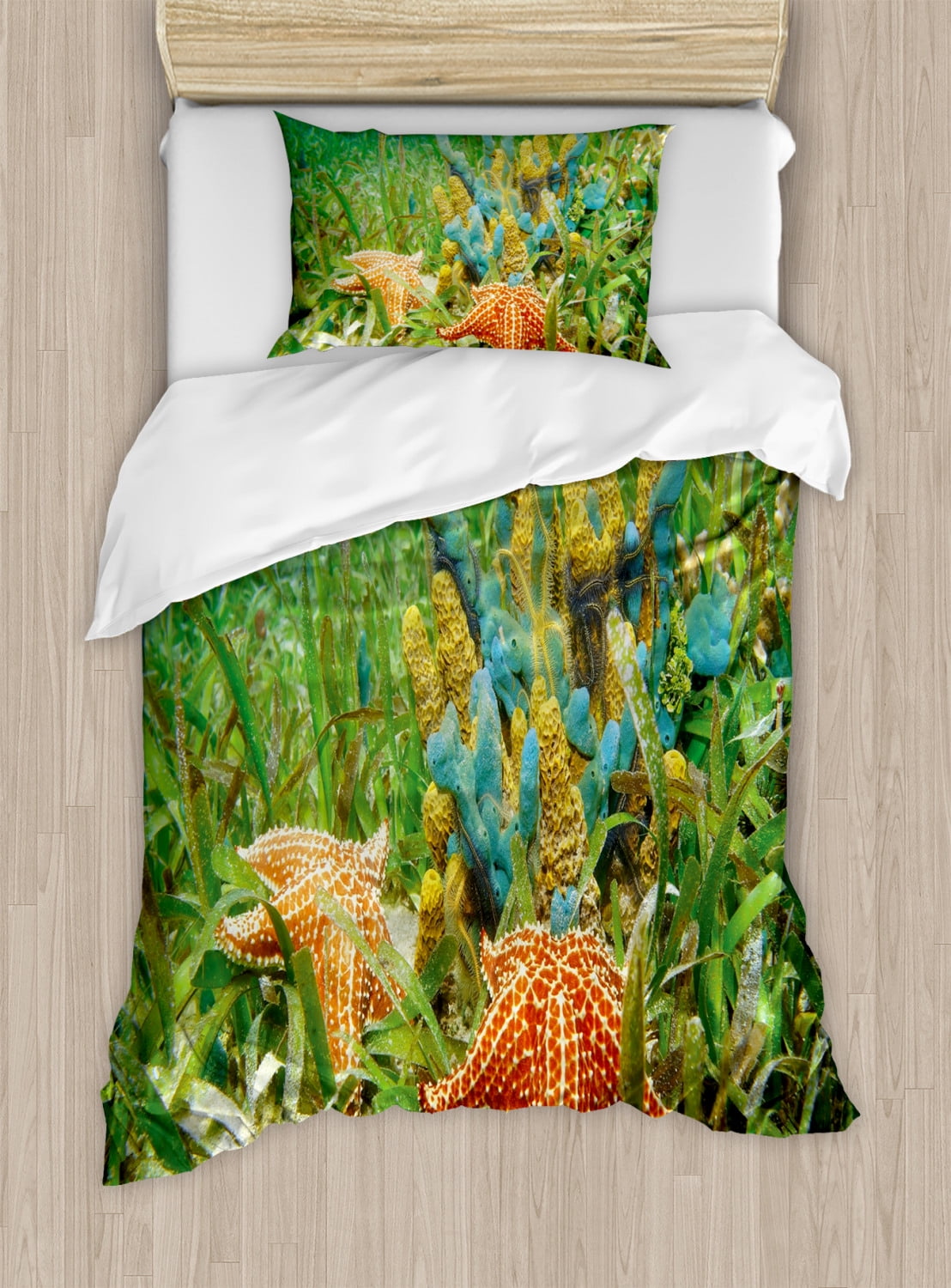 Starfish Duvet Cover Set Twin Size, Underwater Marine Life with