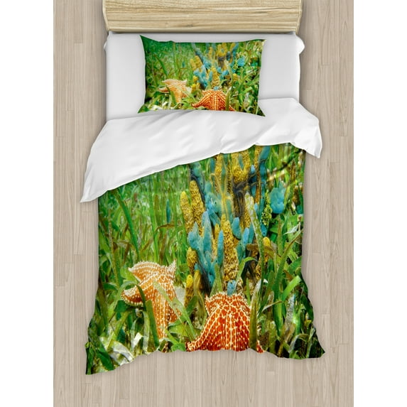 Starfish Duvet Cover Set Twin Size, Underwater Marine Life with Colorful Sponges and Starfish Surrounded by Seagrass, Decorative 2 Piece Bedding Set with 1 Pillow Sham, Multicolor, by Ambesonne