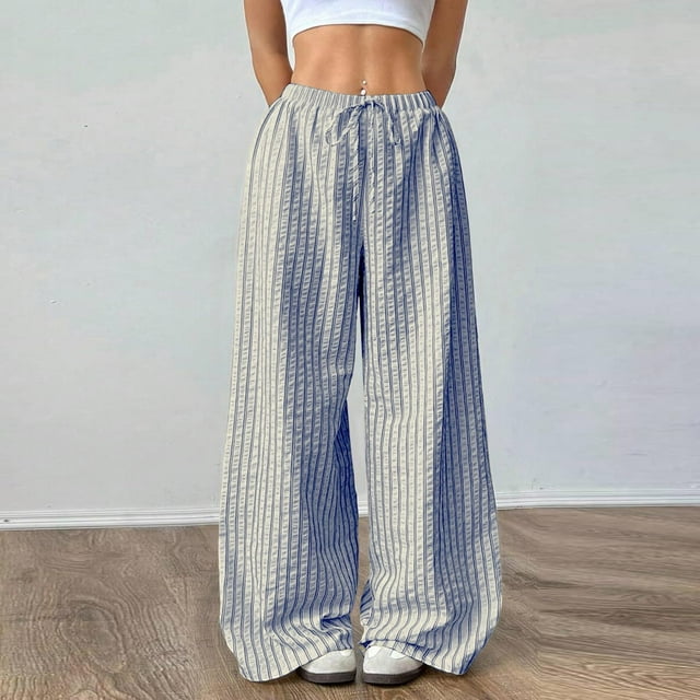 Neewe Women's Baggy Wide Leg Casual Pants Striped Elastic Waist Drawstring Home Pants with Pockets
