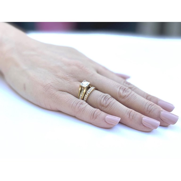 Couples Ring Set 7x7mm Princess CZ Gold Plated Wedding Ring Mens