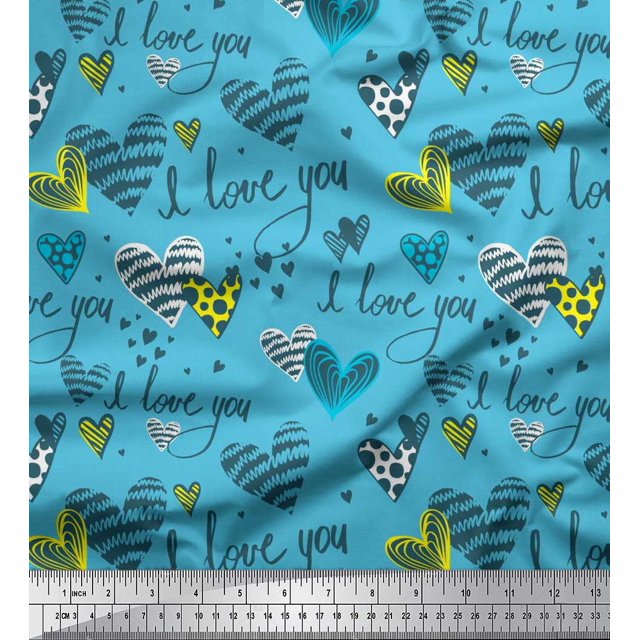 Soimoi Blue polyester Crepe Fabric Heart & I Love You Text Fabric Prints By Yard 52 Inch Wide