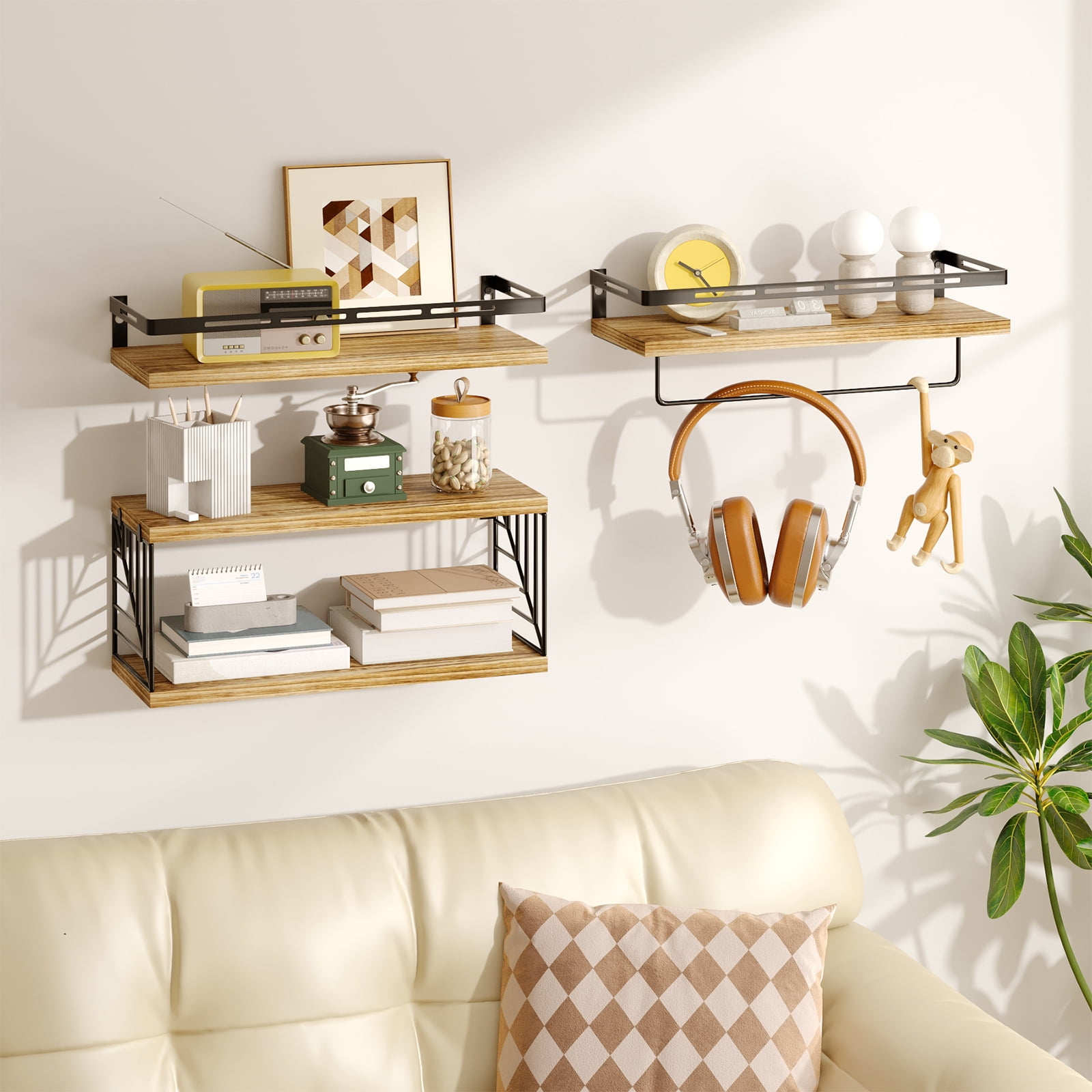 Fairy 4pcs Bathroom Floating Shelves Over Toilet, Wall Shelves with Towel Bar for Bathroom, Living Room (Light Brown)
