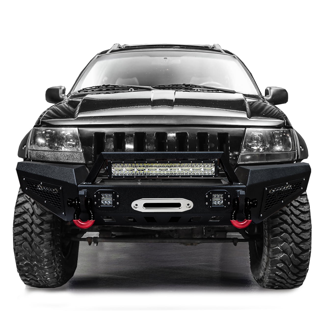 Vijay Compatible with 1999-2000-2001-2002-2003-2004 Jeep Grand Cherokee WJ Front and Rear Bumper Textured Black Steel with Light and D-ring