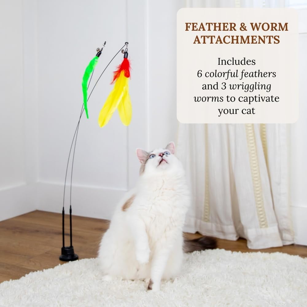 Cat Wand Toy for Indoor Cats - 43 Inch Retractable Fishing Pole Teaser - 9 Feather Attachments - Weighted Round Base - Suction Cup Mount - Bored Adult Feline Hunting Exercise - Kitten Juguetes Set