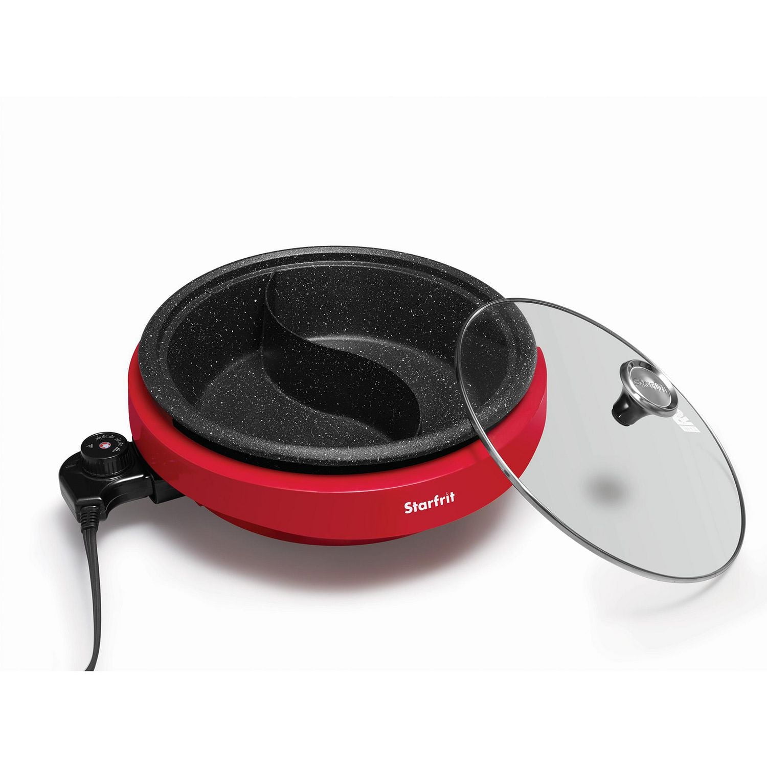 Starfrit The Rock Dual-Sided Electric Hot Pot, 3L, Rock.Tec Non-Stick, Variable Temperature Control, 1200W, Enjoy two broths at once with the Starfrit The Rock Dual-Sided Electric Hot Pot. Featuring Rock.Tec non-stick surface, 3L capacity, adjustable heat, and cool-touch base. Die-cast aluminum pot with even heating for perfect meals every time.