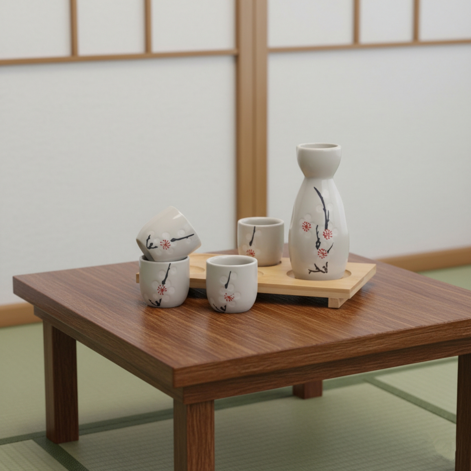 Japanese Sake Set , Ceramic Saki Cup Set with 1 Sake Carafe, 4