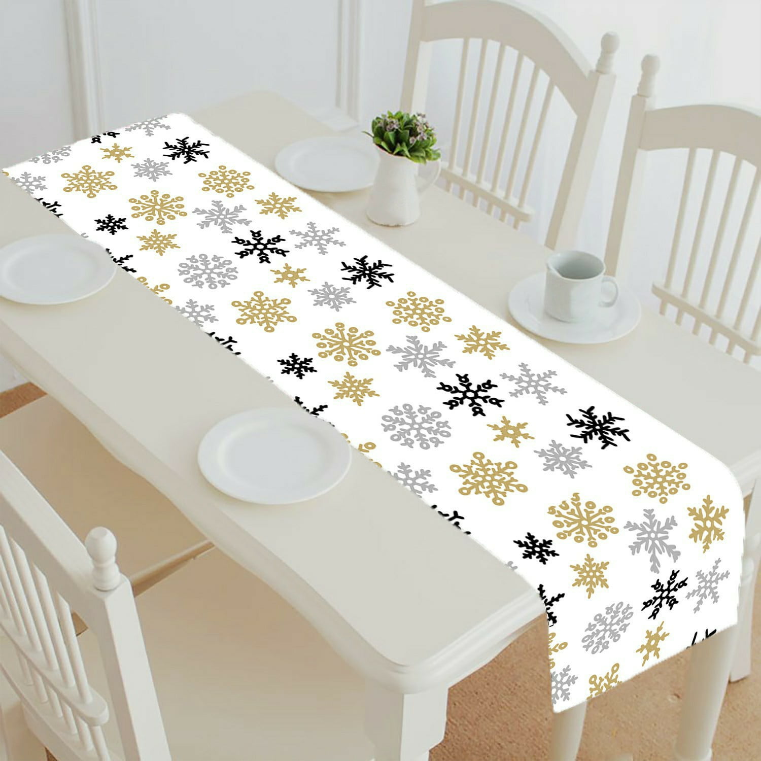 ECZJNT Set of gold and silver snowflakes table runner table cloth tea