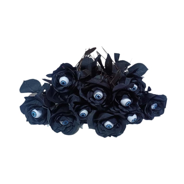 veasfak 10Pcs Halloween Artificial Roses with Eyeballs Floral Arrangements Props Novelty Black