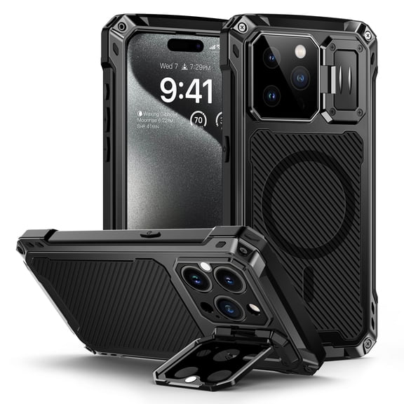 For iPhone 15 Pro Max Metal Case, [Built-in Camera Kickstand & Glass Screen Protector] Protective Heavy Duty Full Body Military Rugged Shockproof Magnetic Cover