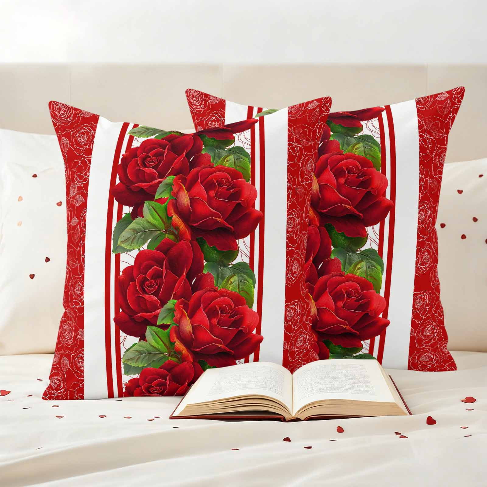 Valentine's Day Outdoor Waterproof Pillow Covers, Red Roses Floral Romantic Striped Decorative Square Throw Pillowcase Sofa Cushion Sham for Patio/Couch/Chair, 20"x20" 2 Pack