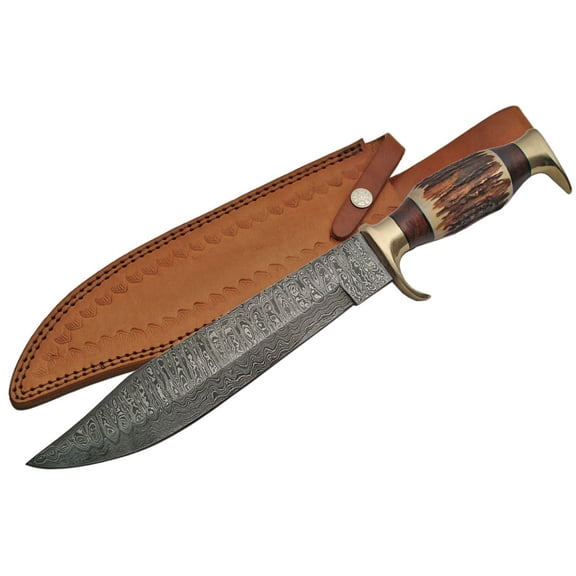 SANZ 16.25" Damascus Steel Blade Hunting Knife With Stag Handle, Full Tang With Leather Sheath
