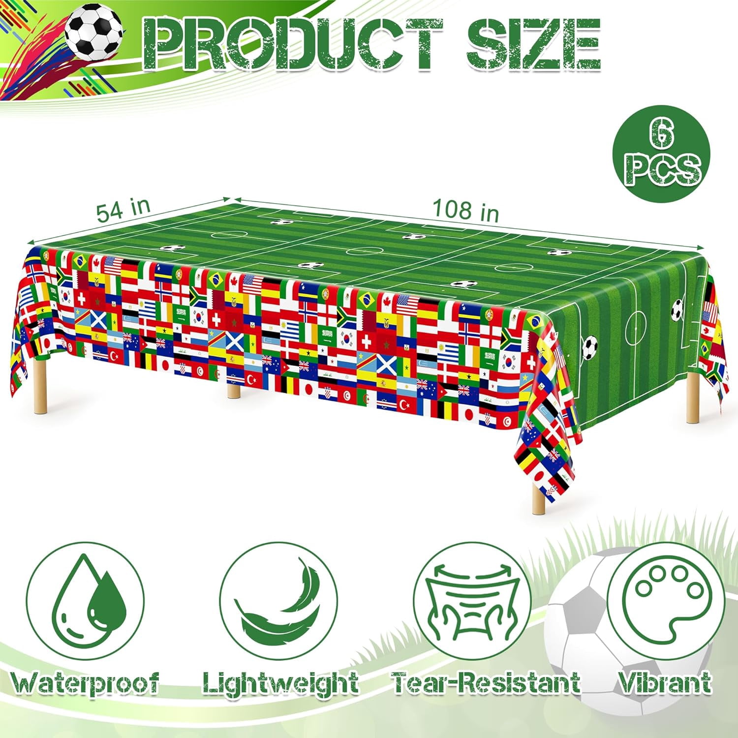 6 Pcs Soccer Tablecloths for Birthday Party Decorations 54 X 108 Inch, Disposable Plastic Table Cover, 2026 Around the World Flags Green Rectangle Tableware Set for Sports Theme Game Party Supplies