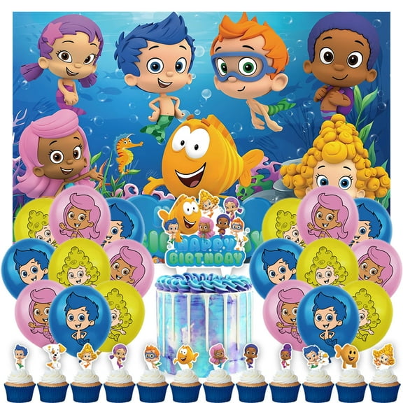 32 Pcs For Bubble Guppies-Themed Party Decorations and Favors Set – Backdrop, 13 Cupcake Toppers, and 18 Balloons for Celebration Birthday Parties