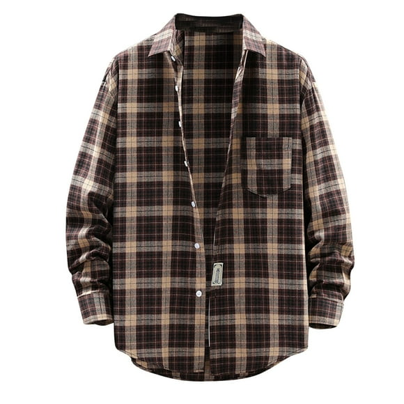 PEASKJP Men's Flannel Long Sleeve Fashion Plaid Button Down Casual Shirt(Brown,XL)