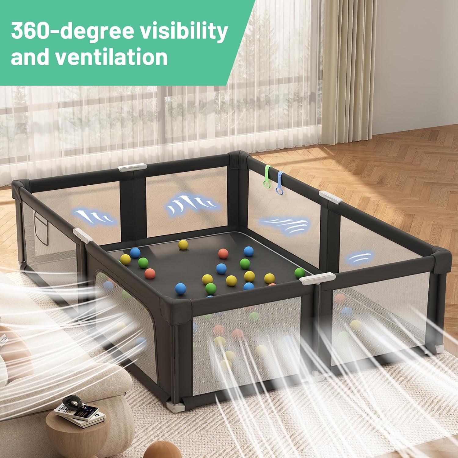 NEGYLIM 73" ×61" Large Baby Playpen, Baby Playard for Babies and Toddlers, Baby Fence Play Pens for Indoor & Outdoor, Sturdy Safety Play Yard with Soft Breathable Mesh and Carry Bag, Anti-Fall, Black