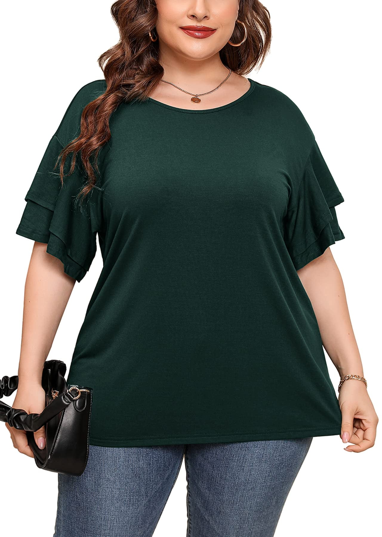 SHOWMALL Plus Size Shirt for Women Dark Green 3X Crewneck Double Ruffle Short Sleeve Tunic Top Flowy Summer Loose Fitting Clothing