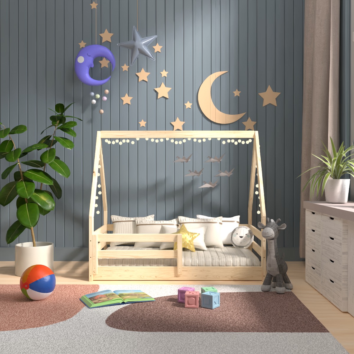 From the Tree Furniture Wooden Toddler House Bed with Slats, Solid Pine Wood