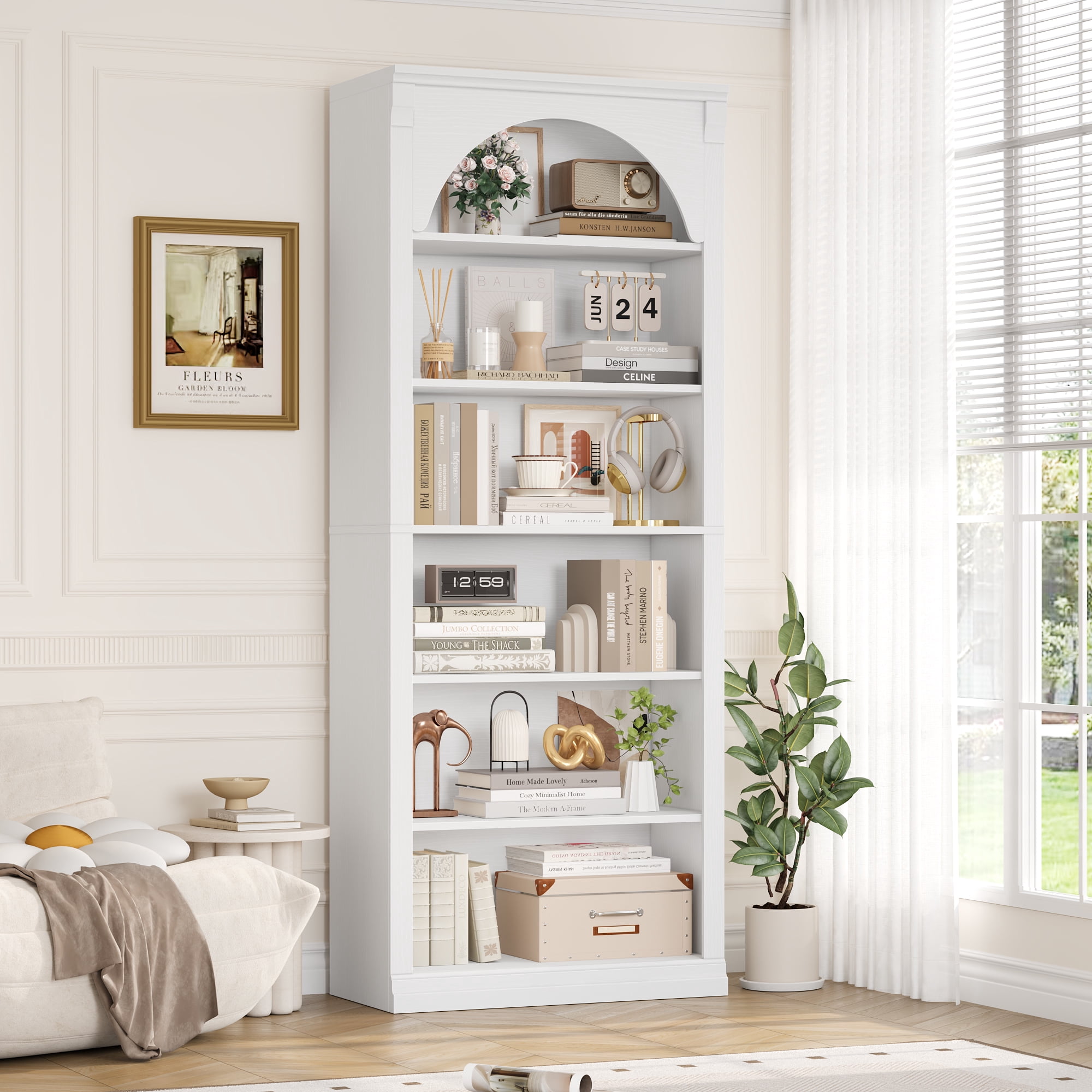 Homfa 6-Tier Bookcase with Arched Top and Pilasters, 72.8" H Accent Bookcase with Bark Grain Texture, White