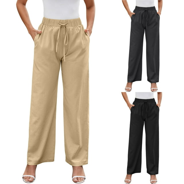 Sentmoon High Waisted Linen Pants Women Solid Color Women's Summer Pants Oversized Relaxed Fit Soft and Comfortable Running Pants Women with Pocket Beach Stuff for Working Out and Gym