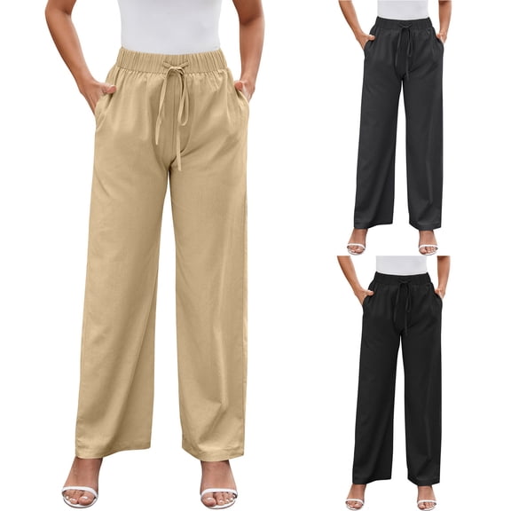 TARIENDY Wide Leg Linen Pants for Women Loose Fit Straight Solid Trousers Elastic Waisted Drawstring Casual Pants with Pockets Black L