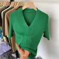thumbnail image 5 of Pull Femme Manches Courtes Col en V Rayé Tricoté Ajusté Mode Coréenne Pull-Overs Hauts Fins 2024 Chemises de Base, 5 of 5