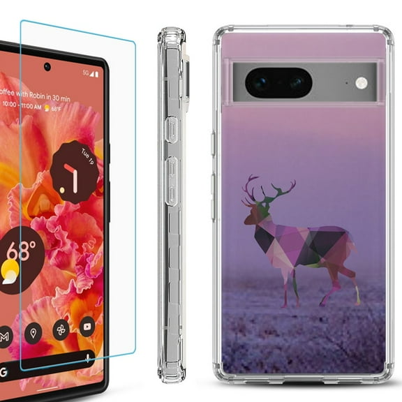 OneToughShield ® for Google Pixel 7a Shockproof Bumper Phone Case, with Tempered Glass Screen Protector - Deer/Polygon