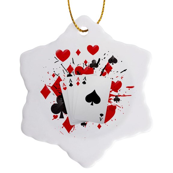 3drose, Illustration of Playing Cards for Casino Game Play Win, 3 inch Snowflake Porcelain Ornament
