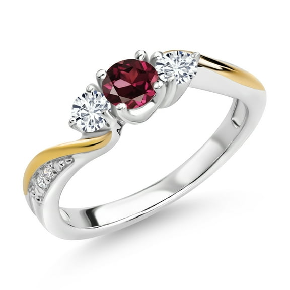 Gem Stone King 925 Sterling Silver and 10K Yellow Gold Red Rhodolite Garnet and White Lab Grown Diamond 3 Stone Engagement Ring for Women (0.60 Cttw, Gemstone January Birthstone, Size 5)