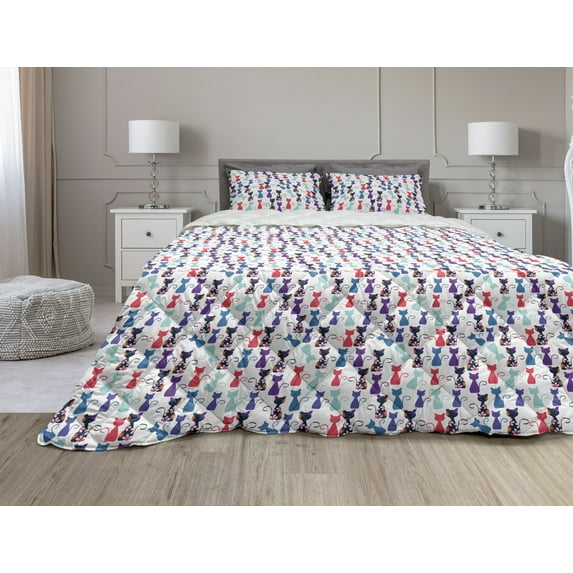 Cat Print Comforter & Sham Bedding Set, Animals in Vivid Colors Flowers Funny Kittens Pattern, 3 pcs Duvet Set Microfiber Filling Quilt, 5 Sizes, Multicolor, by Ambesonne