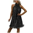 thumbnail image 2 of BLTIBY Womens Sequin Dress Solid Color Halter Sleeveless Glitter Party Elegant Cocktail Dresses Fashion Gown Short Dress Black M, 2 of 9