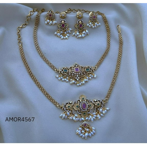 South Indian Bollywood Gold Plated CZ Multicolor Stone Matte Finish Brass Guttapusalu Pearl Short Necklace 2-Combo Set with Matching Drop Earrings - Bridal Jewelry