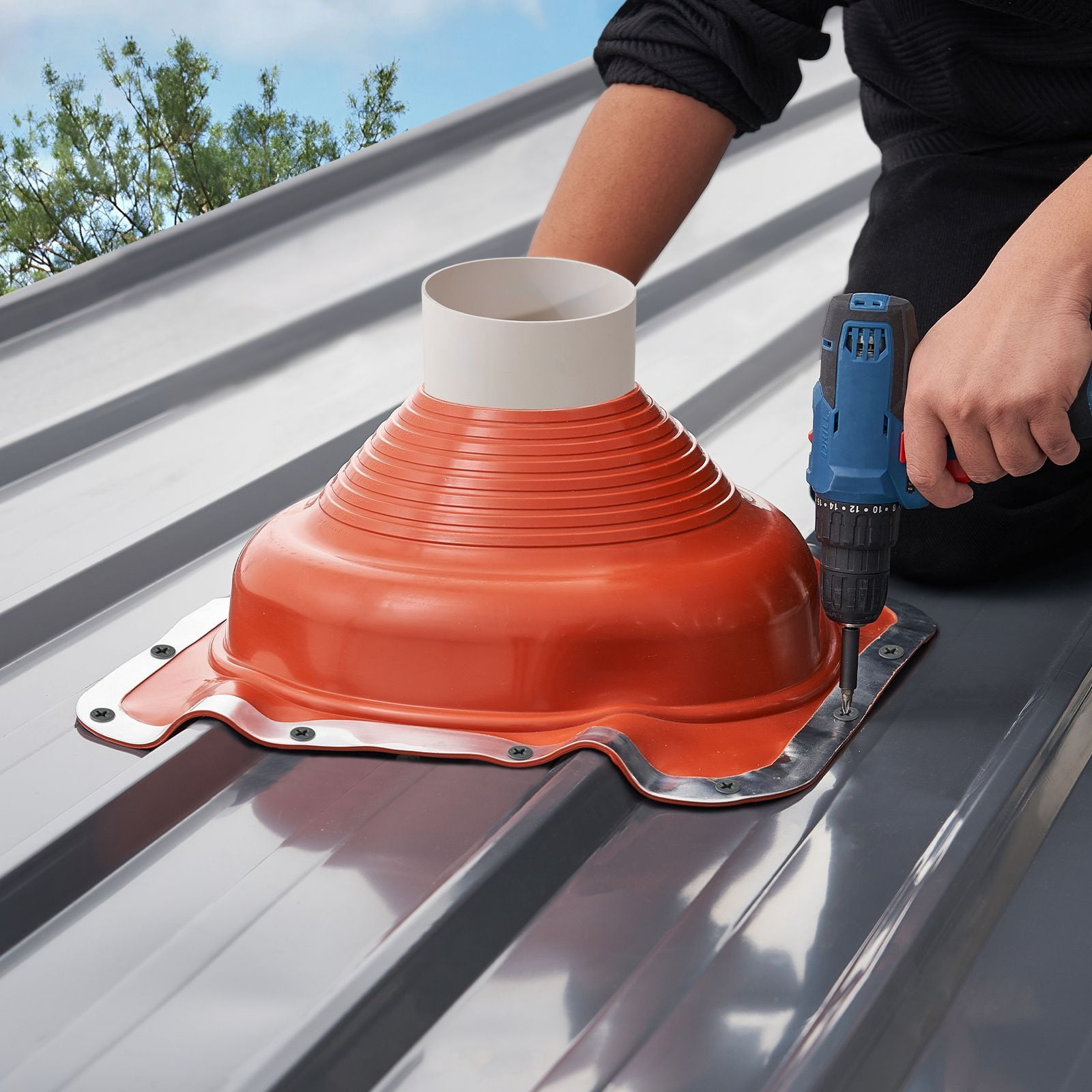 Roof Pipe Flashing Kit, 2 Pack Red Silicone Square Boots, 17.5 x 17.5 x 5.9", Fits Pipe OD 6-1/4" to 11-3/4", Aluminum Base, for Metal & Wood Roofs