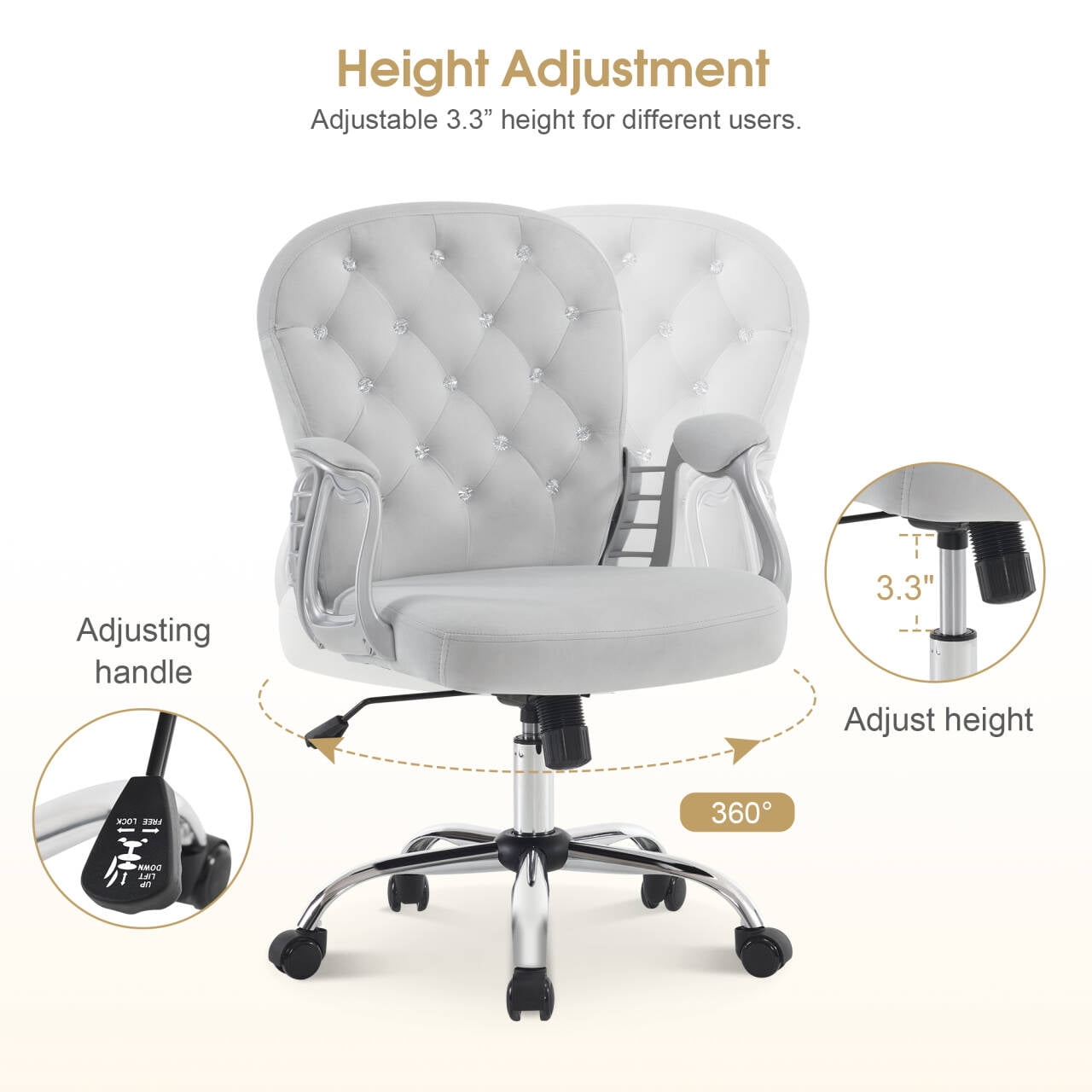 BarberPub Ergonomic Office Chair with Lumbar Support and Wheels, Height Adjustable Swivel Office Chair